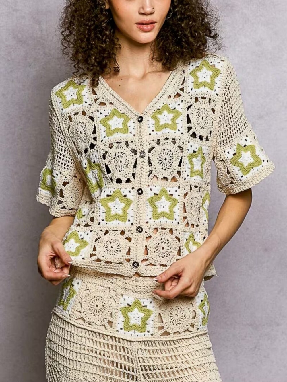 107. POL Crochet Star Motif Button-Front Top in Cream & Green